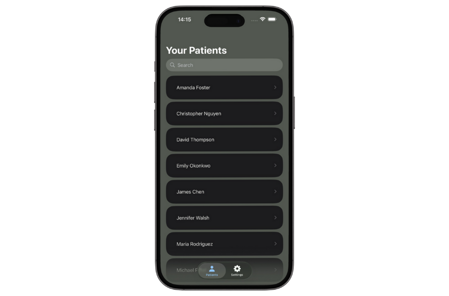 Phone screen of Psychelinx displaying a list of patients